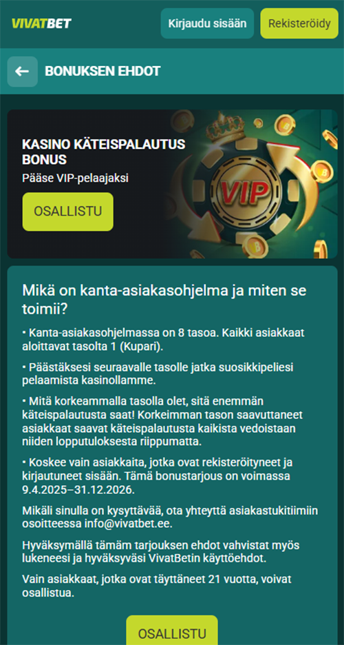 Vivatbet bonus vedonlyöntiin